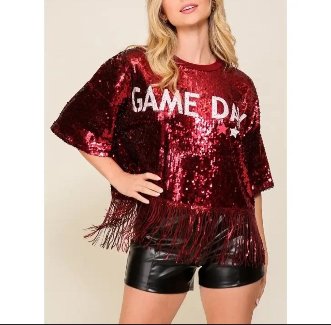 Womens Gameday sequin top with fringe